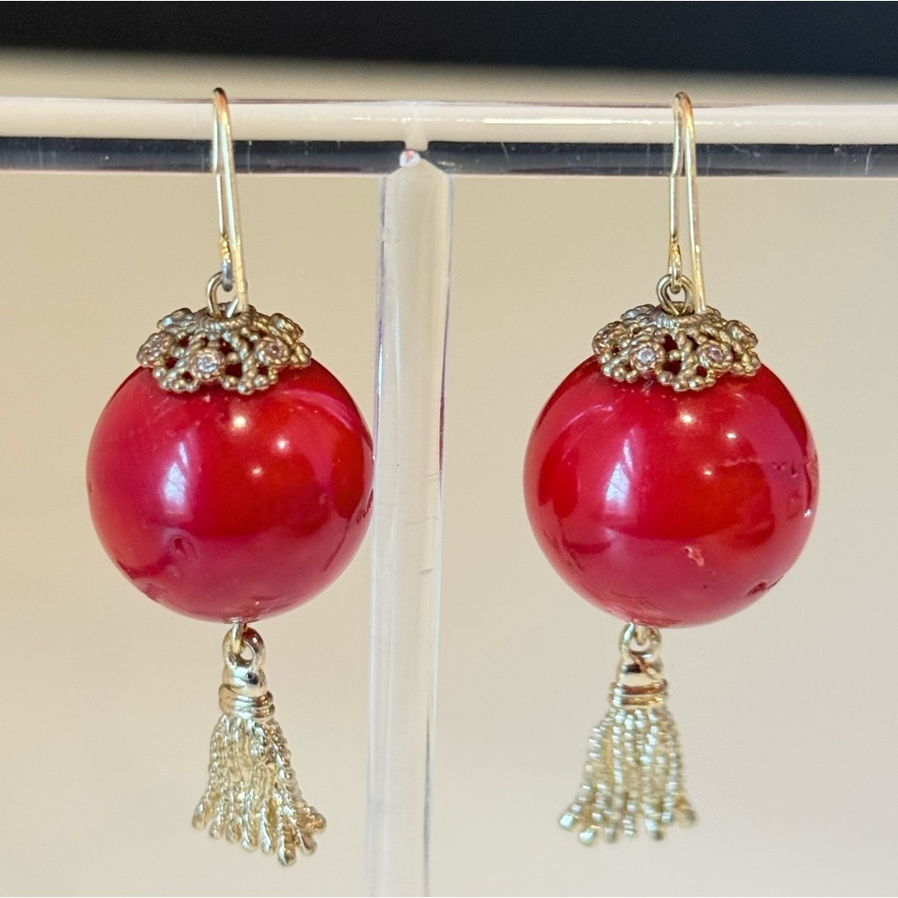 Vintage Style Red Ball & Gold Filigree Tassel Drop Earrings